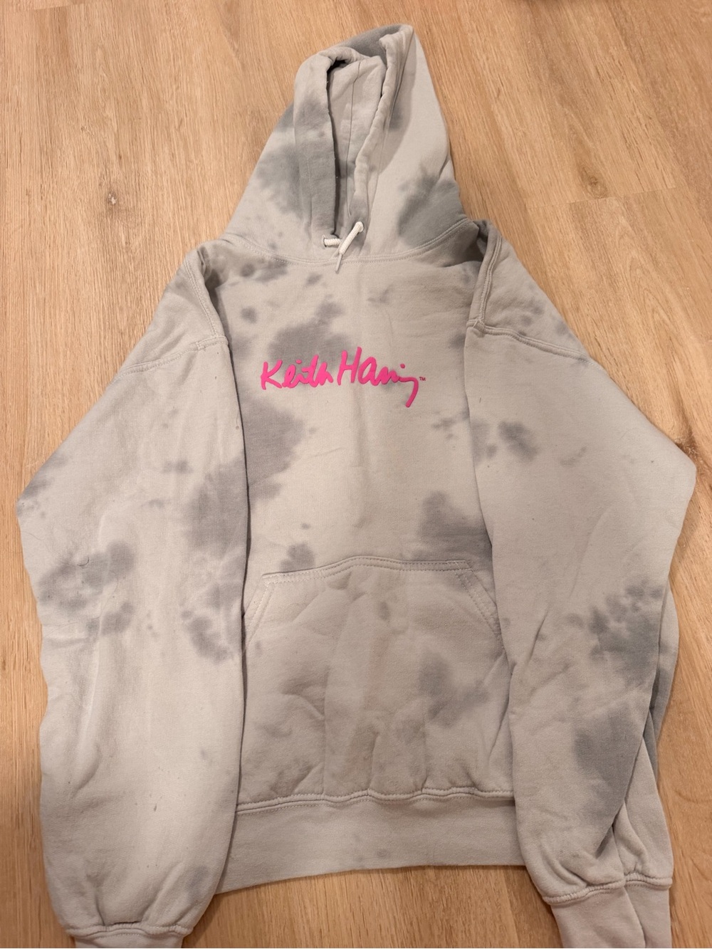 Keith Haring Grey Tie-Dye Hoodie with Pink Logo